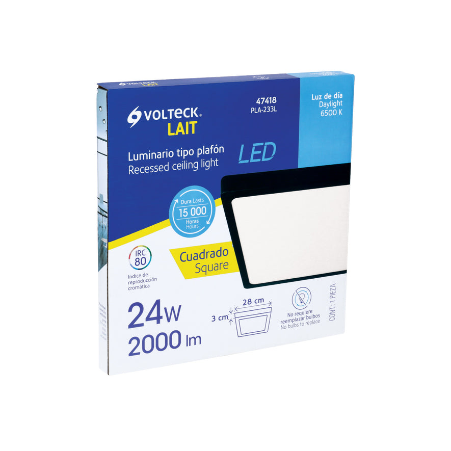 Luminario LED tipo plafón 24 W, cuadrado, luz de día, negro Caja con 2, 47418