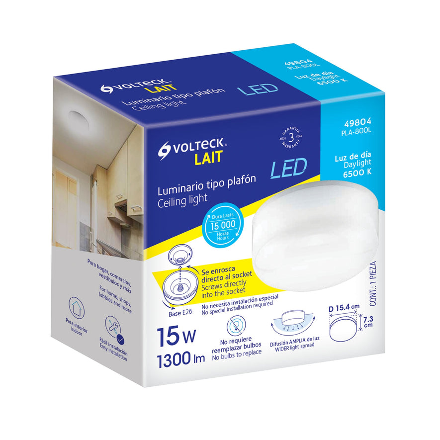 Luminario de LED 15 W tipo plafón, base E26, luz de día Caja con 2, 49804