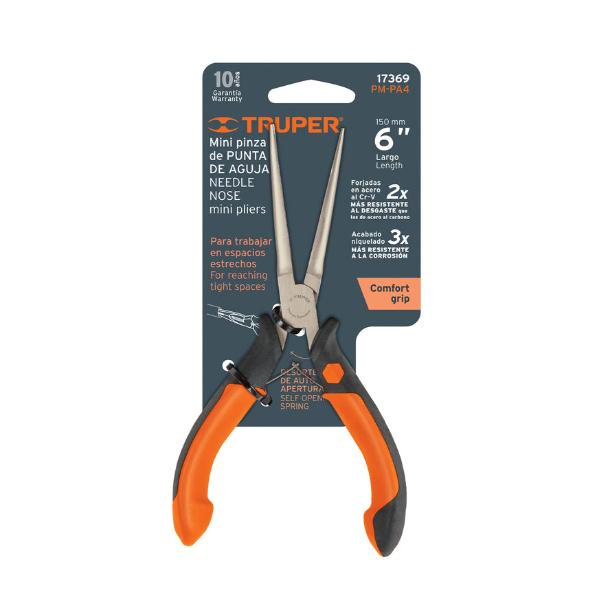 Mini pinza de punta de aguja 6' mango Comfort Grip, Truper Caja con 6, 17369