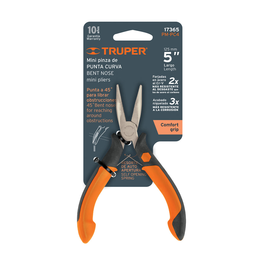 Mini pinza de punta curva 5' mango Comfort Grip, Truper Caja con 6, 17365