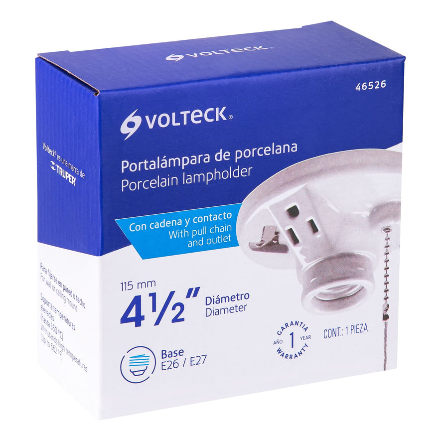 Portalámpara de porcelana, con ladrón y cadena, Volteck Caja con 6, 46526