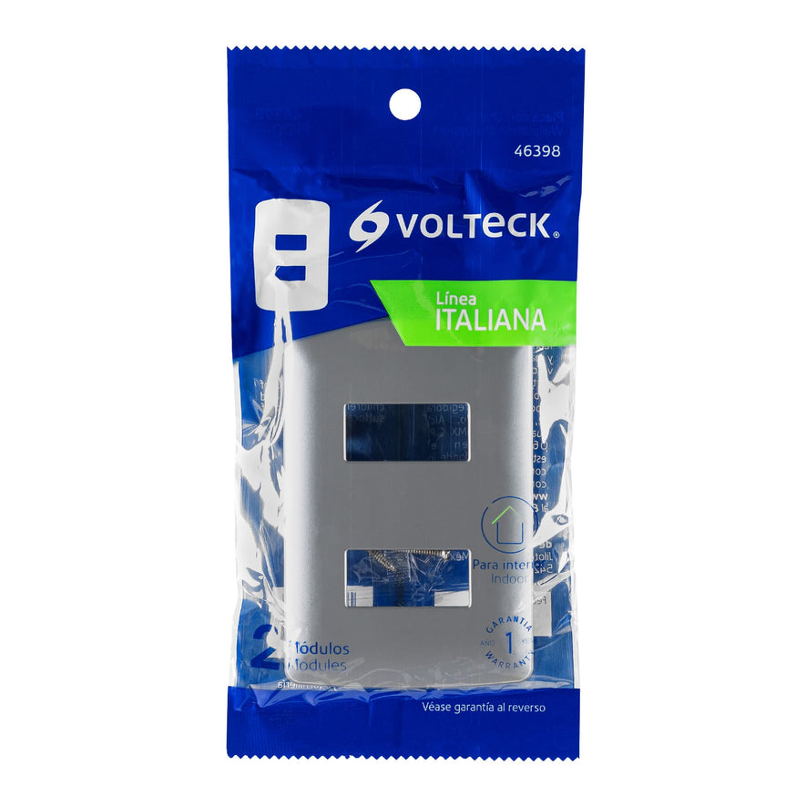 Placa 2 módulos de ABS, línea italiana, color plata, Volteck Caja con 12, 46398