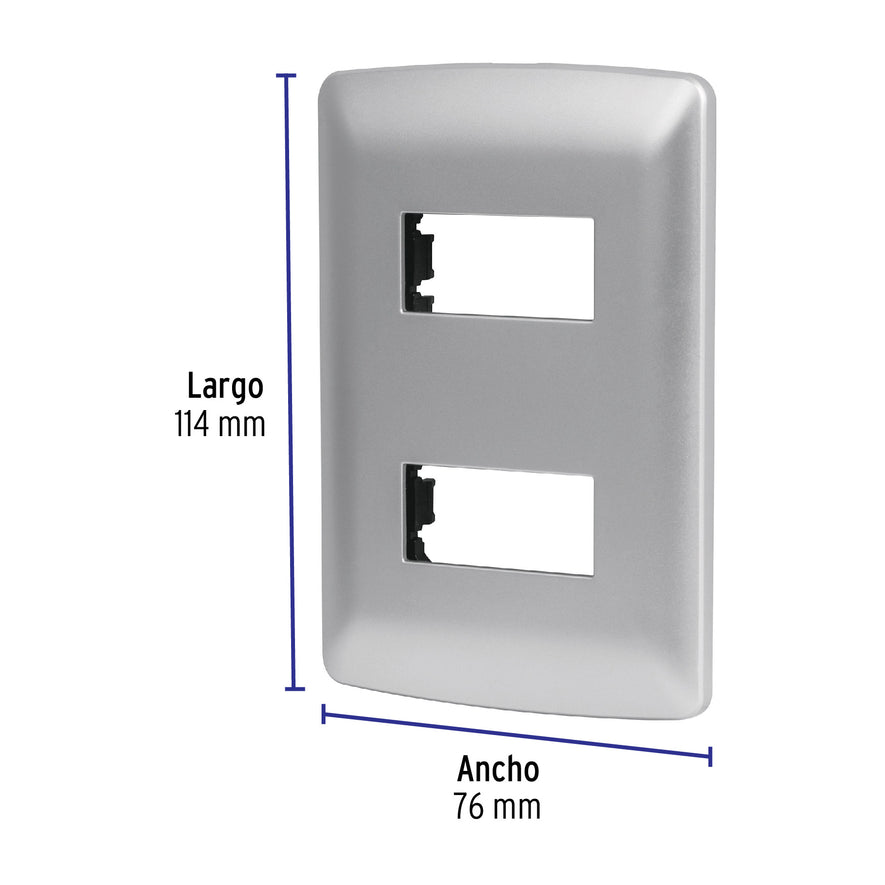 Placa 2 módulos de ABS, línea italiana, color plata, Volteck Caja con 12, 46398