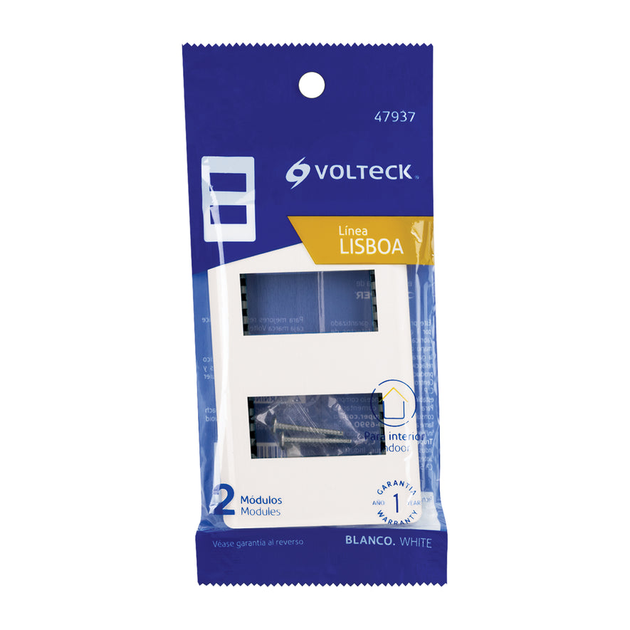 Placa blanca de 2 ventanas 1 módulo, línea Lisboa, Volteck Caja con 12, 47937