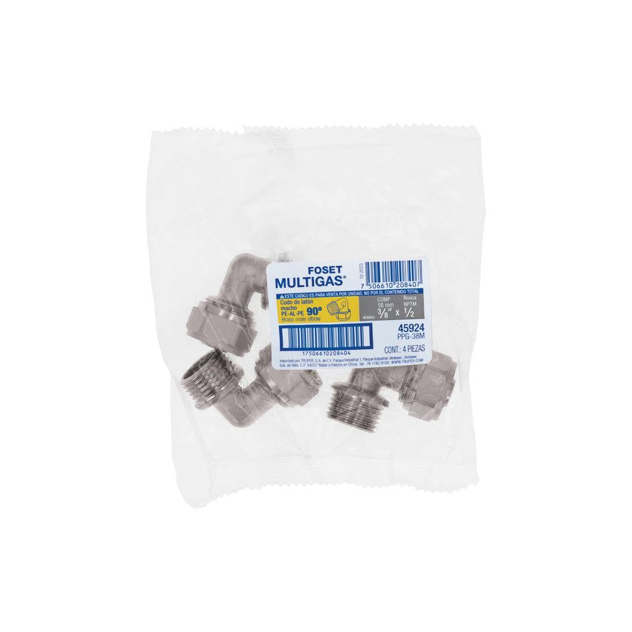 Codo 90° para PEALPE, 3/8', con rosca macho, Foset Caja con 4, 45924