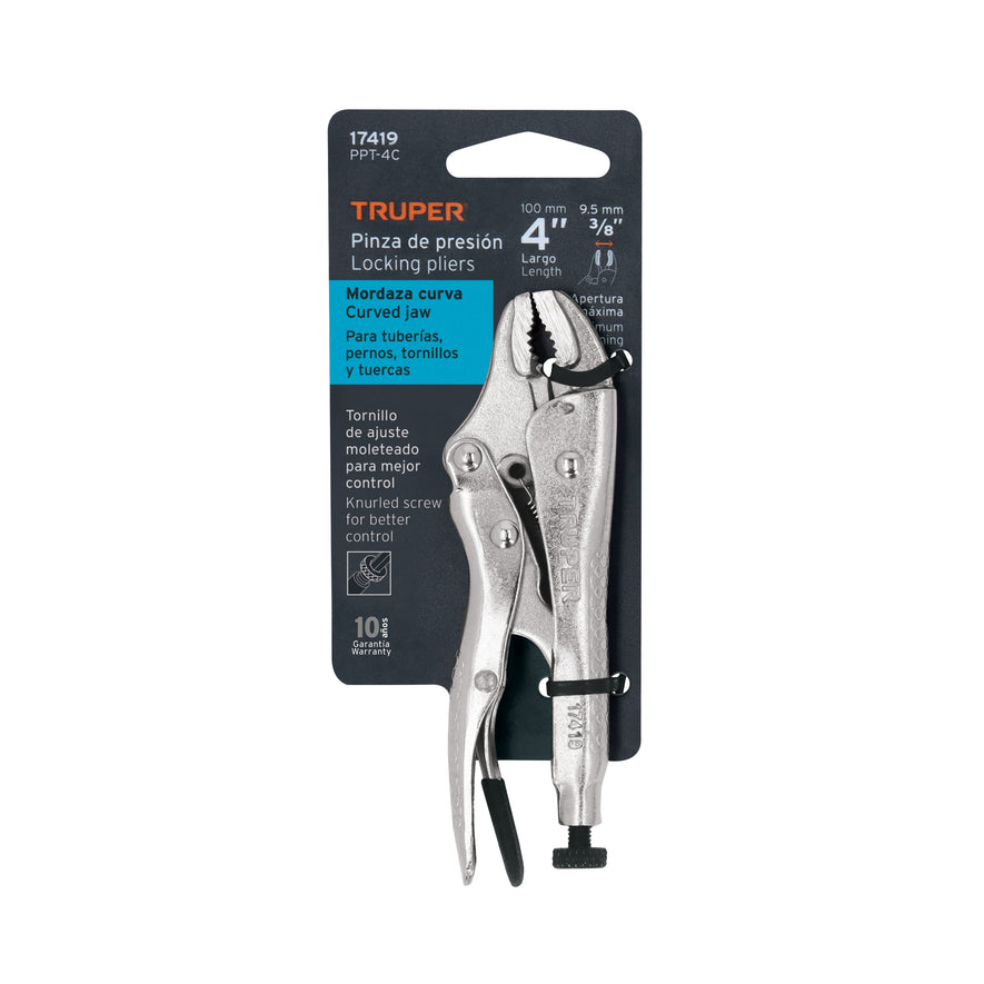 Pinza de presión 4' mordaza curva, Truper Caja con 3, 17419