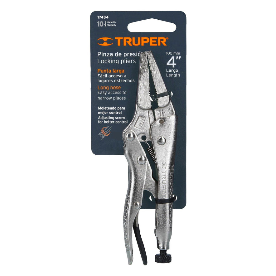 Pinza de presión 4', punta larga, Truper Caja con 3, 17434