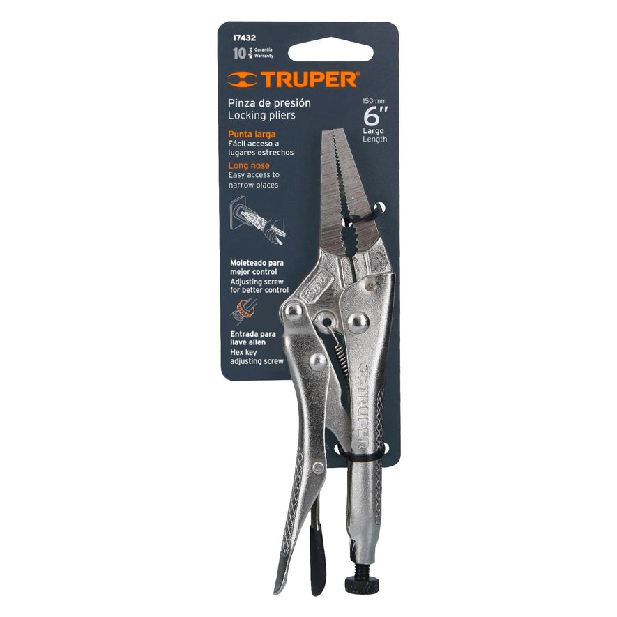 Pinza de presión 6', punta larga, Truper Caja con 3, 17432