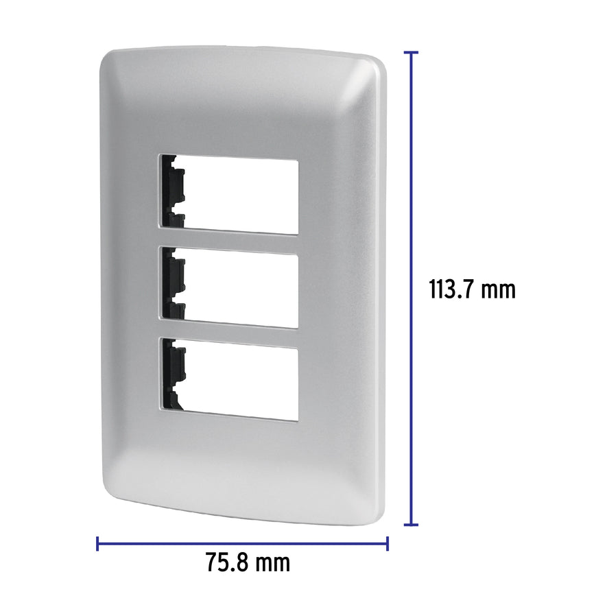 Placa 3 módulos de ABS, línea italiana, color plata, Volteck Caja con 12, 46399