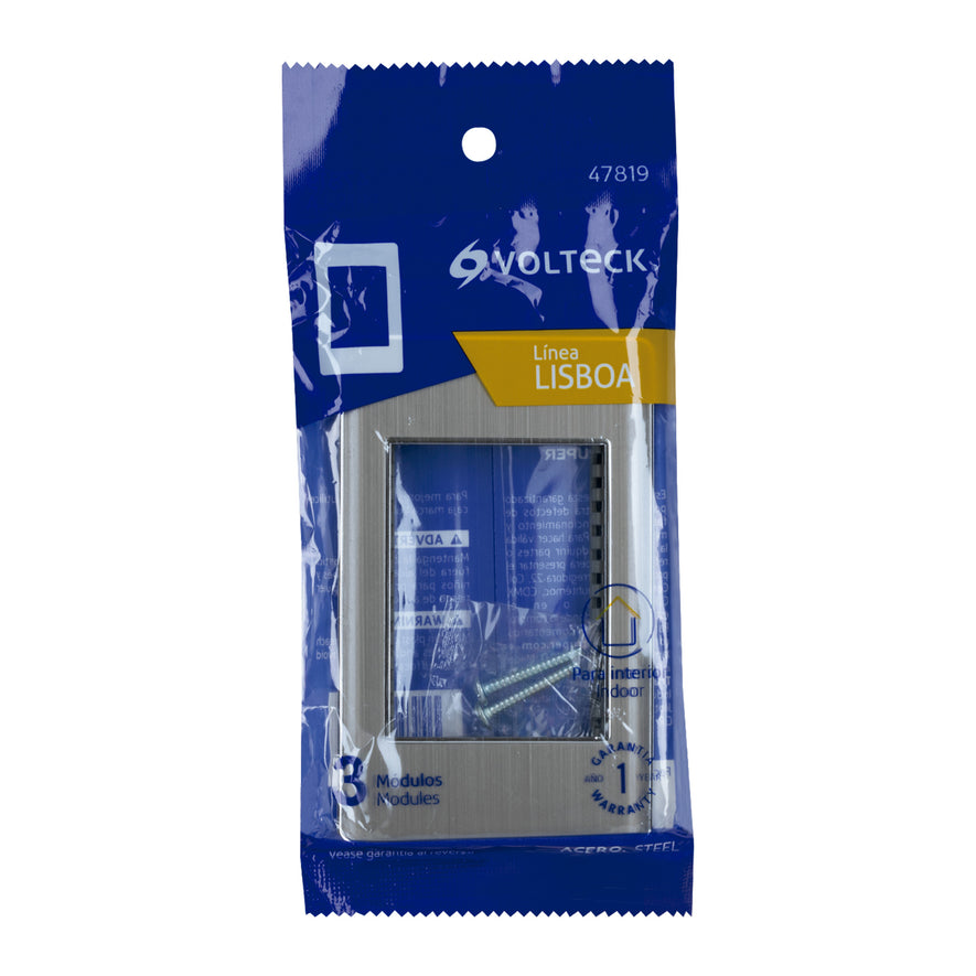 Placa de acero inox con 1 ventana 3 módulos, línea Lisboa Caja con 12, 47819