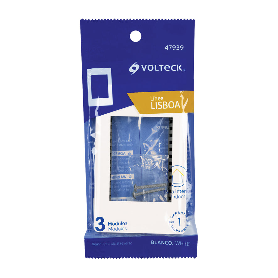 Placa blanca de 1 ventana 3 módulos, línea Lisboa, Volteck Caja con 12, 47939