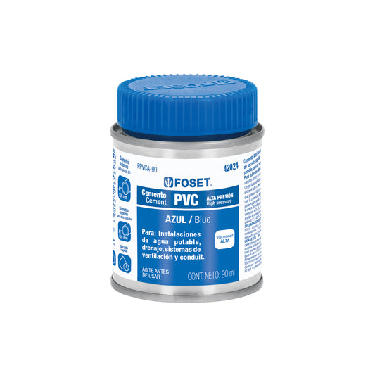Cemento azul para PVC en bote de 90 ml, alta presión, Foset Caja con 8, 42024