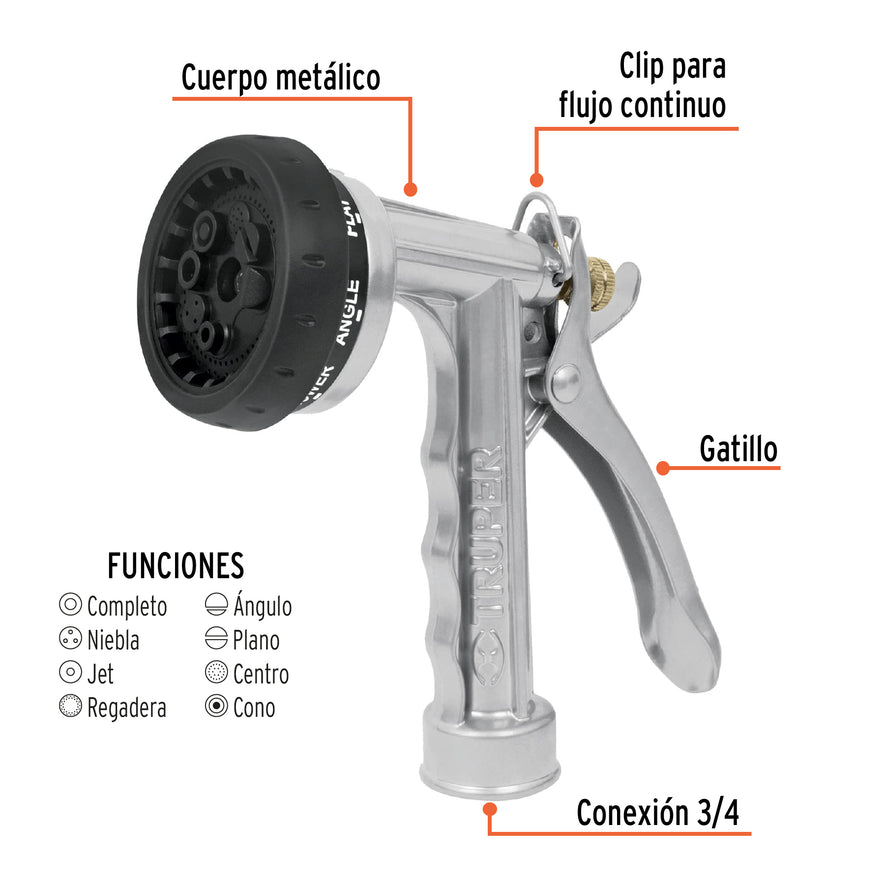 Pistola para riego de 8 funciones metálica, Truper Caja con 6, 17481