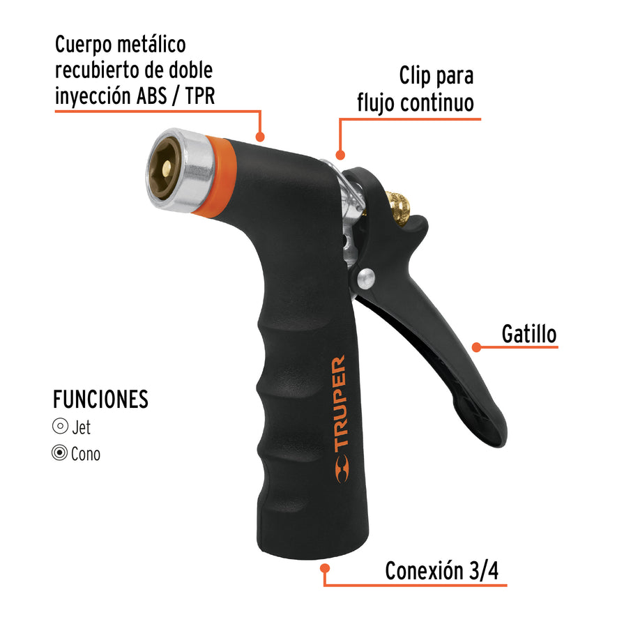 Pistola para riego de 2 funciones metálica con recubrimiento Caja con 6, 18475