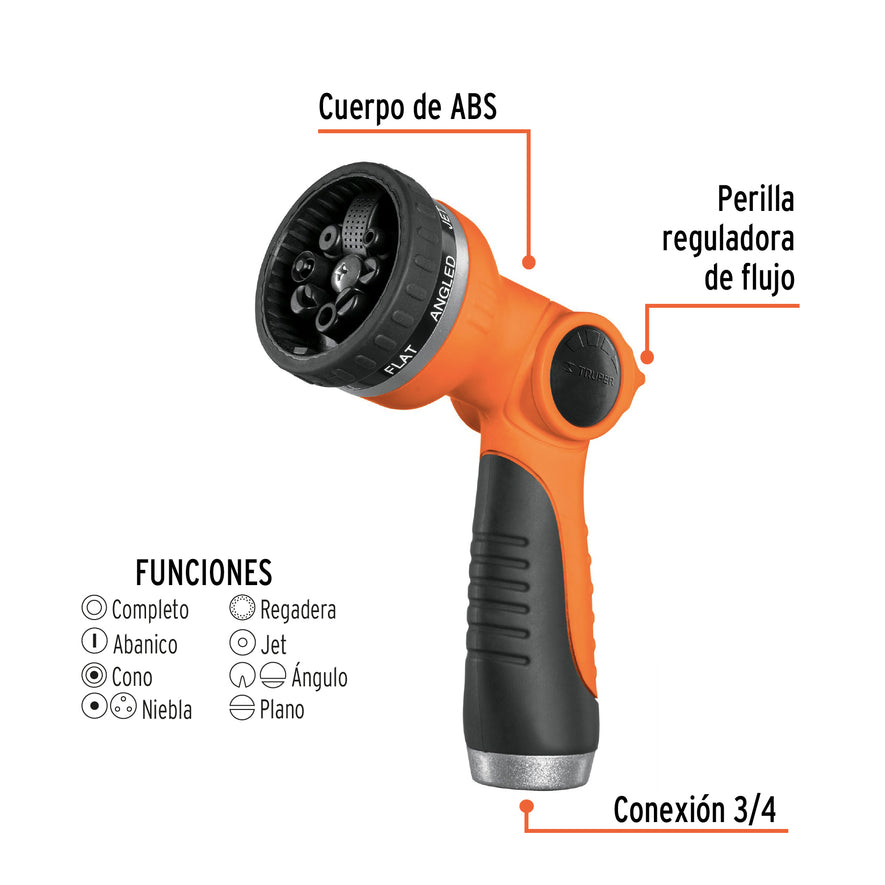 Pistola para riego de 8 funciones plástica, Truper Caja con 4, 17479