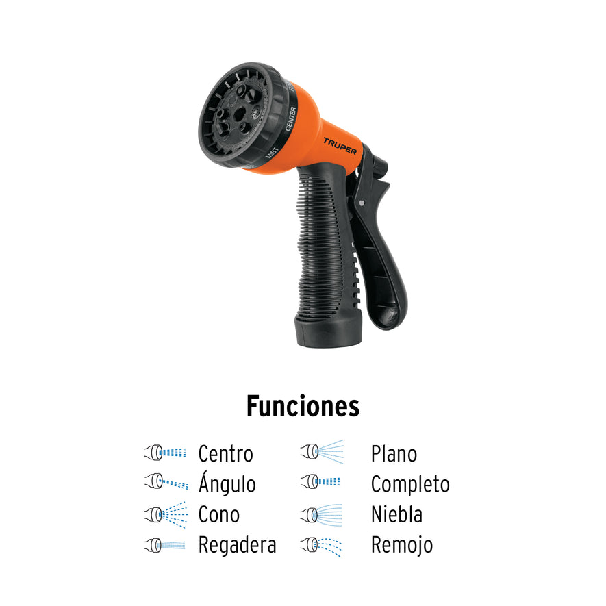 Pistola para riego de 8 funciones plástica con recubrimiento Caja con 6, 18482