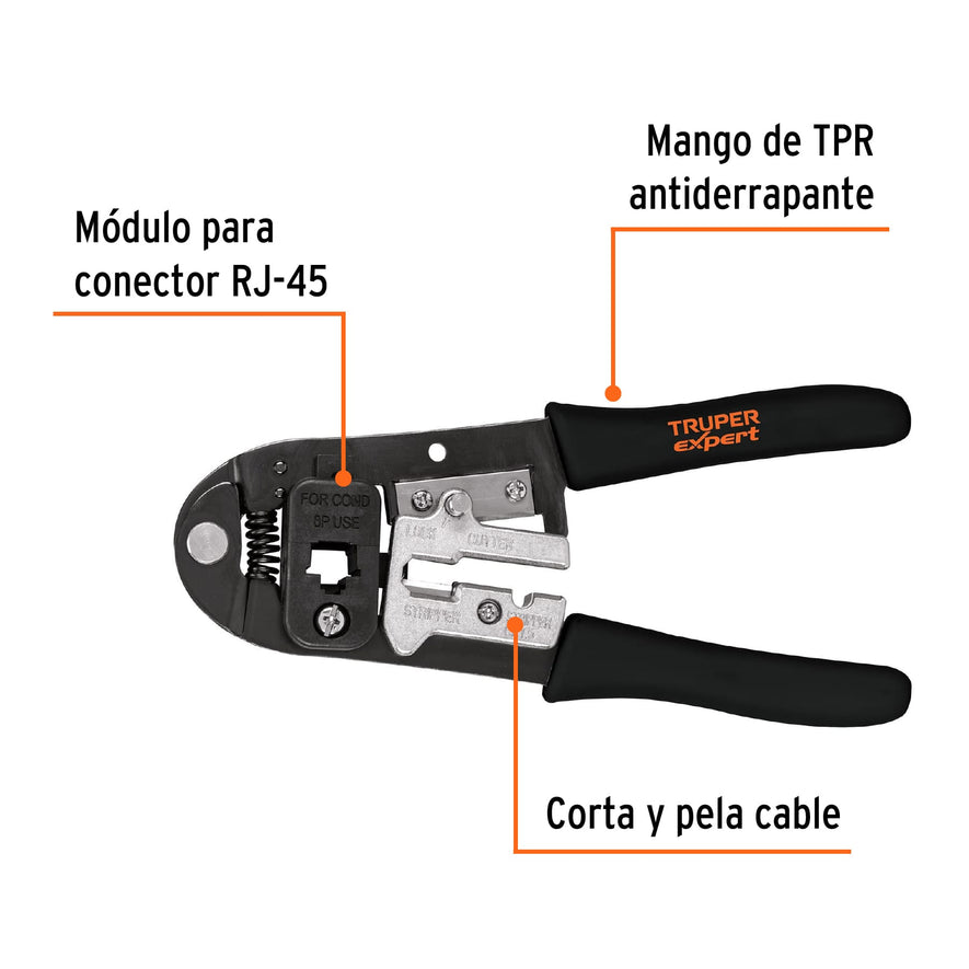 Pinza 8' ponchadora para cables RJ-45, 8 contactos, Truper Caja con 3, 18342