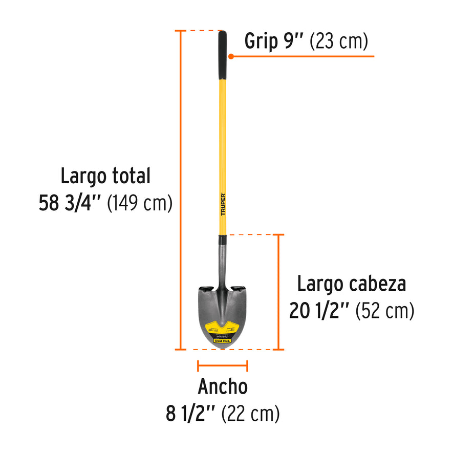 Pala redonda Tru Pro, mango largo de fibra de vidrio 48' Caja con 3, 17166