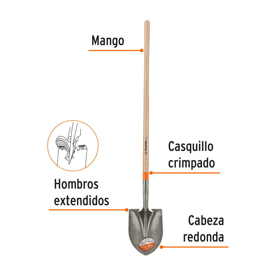 Pala redonda Classic, mango largo 48', Truper Caja con 3, 17169