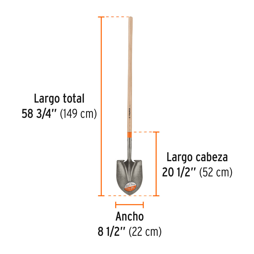 Pala redonda Classic, mango largo 48', Truper Caja con 3, 17169