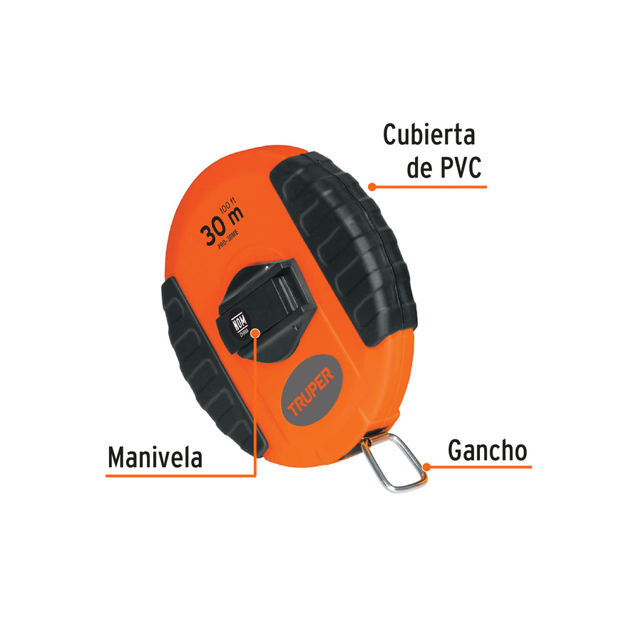 Cinta métrica larga 30 m, metálica, carcasa plástica, TRUPER Caja con 4, 20901