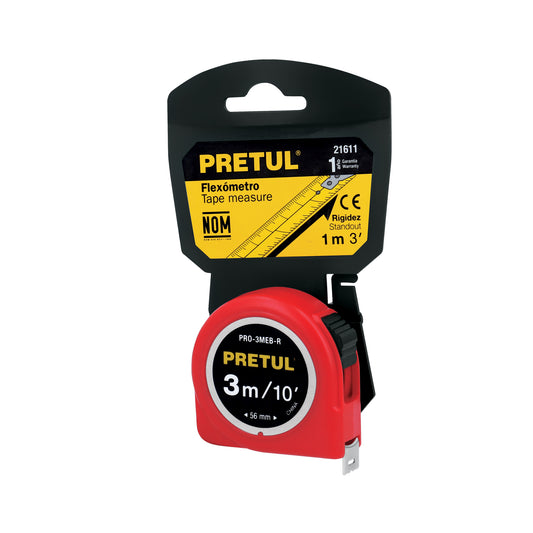 Flexómetro rojo 3 m cinta 13 mm, en tarjeta, PRETUL Caja con 6, 21611