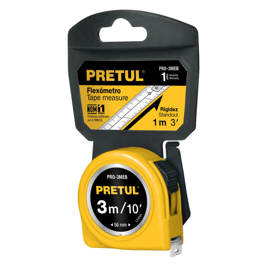 Flexómetro amarillo 3 m cinta 13 mm, en tarjeta, PRETUL Caja con 6, 21605
