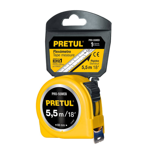 Flexómetro amarillo 5.5 m cinta 25 mm, en tarjeta, PRETUL Caja con 6, 28022