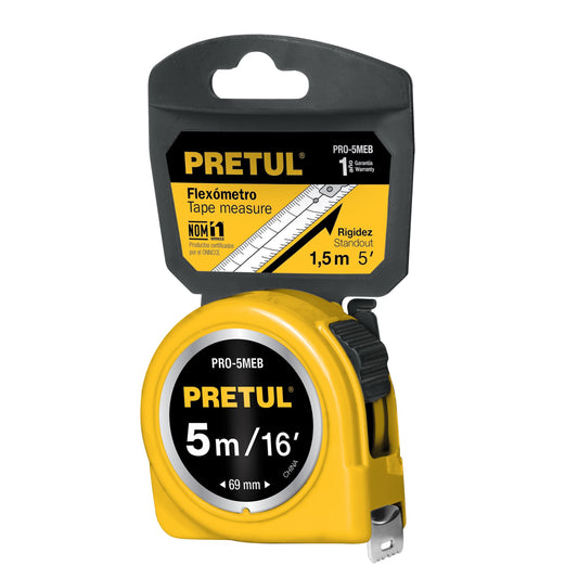 Flexómetro amarillo 5 m cinta 19 mm, en tarjeta, PRETUL Caja con 6, 21606