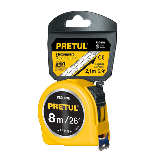 Flexómetro amarillo 8 m cinta 25 mm, en tarjeta, PRETUL Caja con 6, 21603