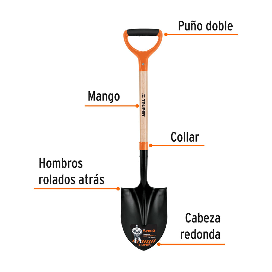 Pala redonda T-2000, puño doble 'Y', Truper Caja con 3, 102456