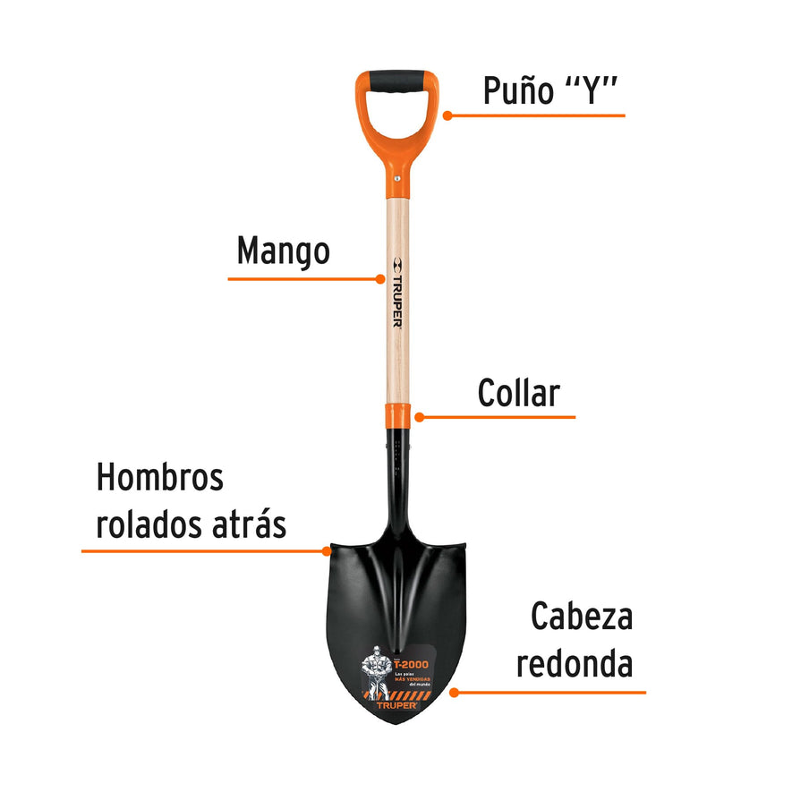 Pala redonda T-2000, puño 'Y', Truper Caja con 3, 17160