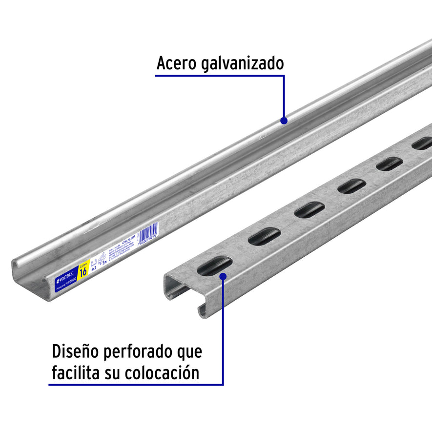 Perfil monocanal perforado de 3 m, 4 x 2 cm cal. 16, VOLTECK Caja con 2, 47761