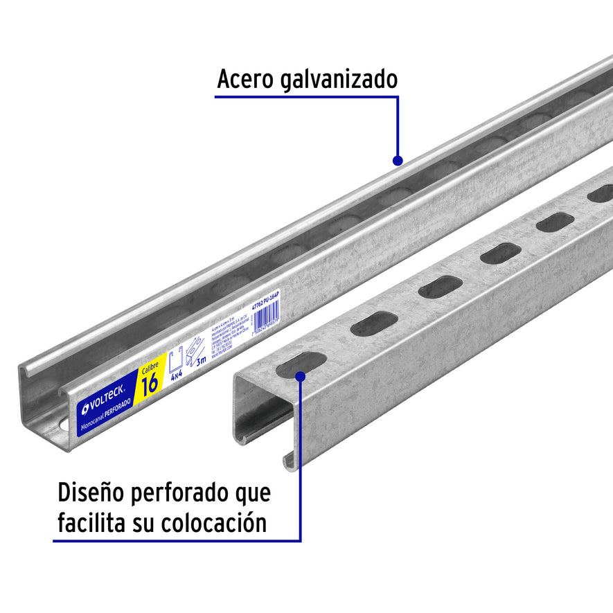 Perfil monocanal perforado de 3 m, 4 x 4 cm cal. 16, VOLTECK Caja con 2, 47762