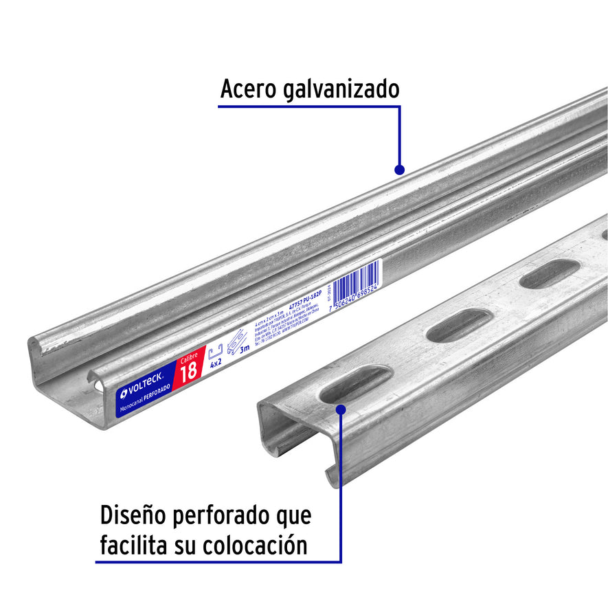 Perfil monocanal perforado de 3 m, 4 x 2 cm cal. 18, VOLTECK Caja con 2, 47757