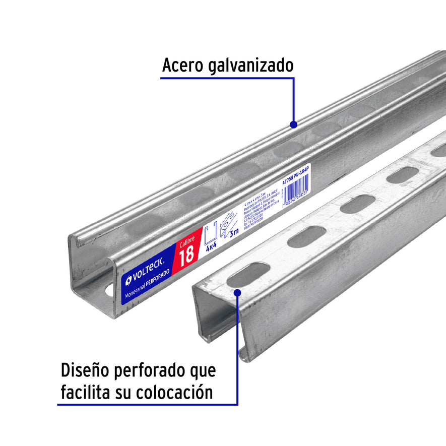 Perfil monocanal perforado de 3 m, 4 x 4 cm cal. 18, VOLTECK Caja con 2, 47758