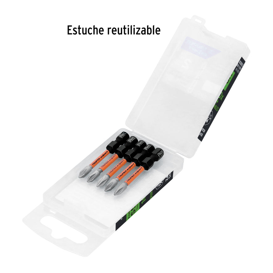 Estuche con 5 puntas de cruz PH1 de impacto largo 2' Caja con 6, 103023