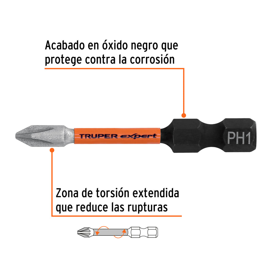 Estuche con 5 puntas de cruz PH1 de impacto largo 2' Caja con 6, 103023