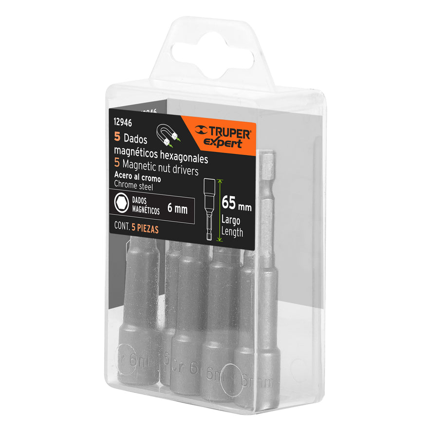 Estuche con 5 dados magnéticos de 6 mm largo 2-1/2', Expert Caja con 6, 12946
