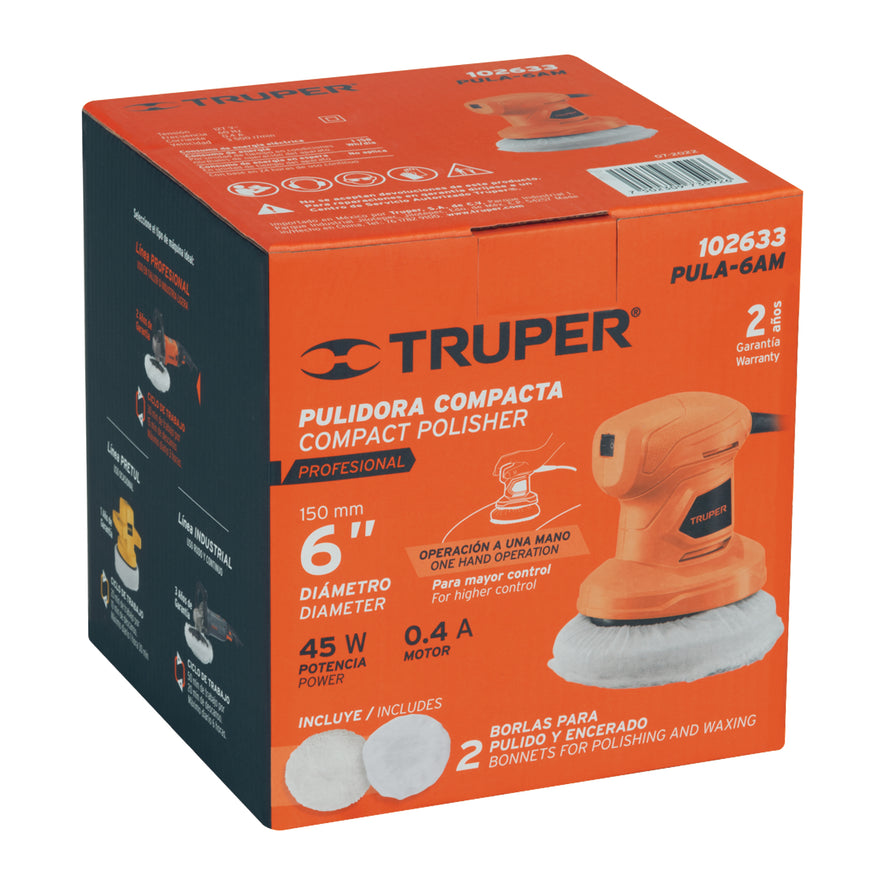 Pulidora compacta a una mano, 6', 45W, TRUPER PRO, 102633
