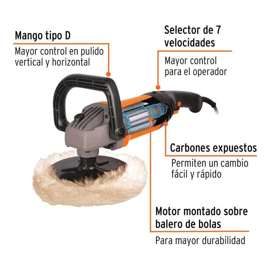 Pulidora velocidad variable 7', 1200W, TRUPER PRO, 16626