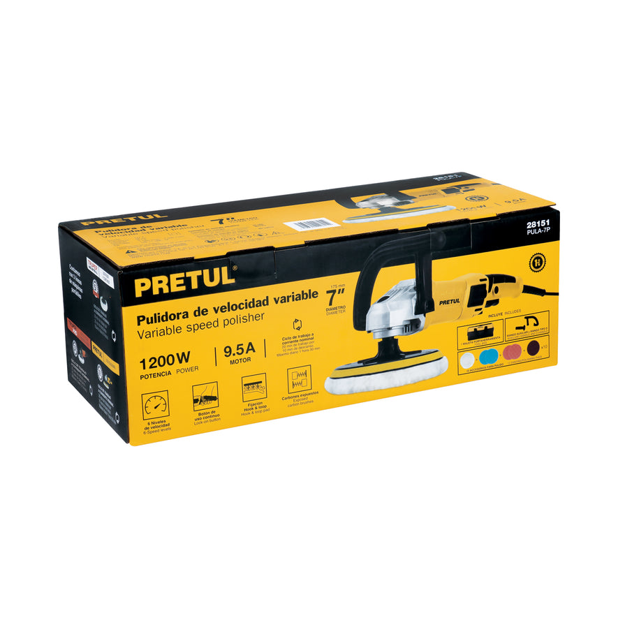 Pulidora velocidad variable 7' 1200W, c/accesorios, PRETUL, 28151