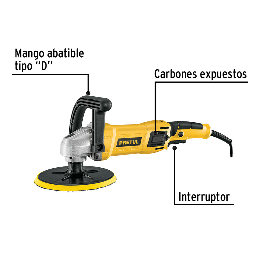 Pulidora velocidad variable 7' 1200W, c/accesorios, PRETUL, 28151