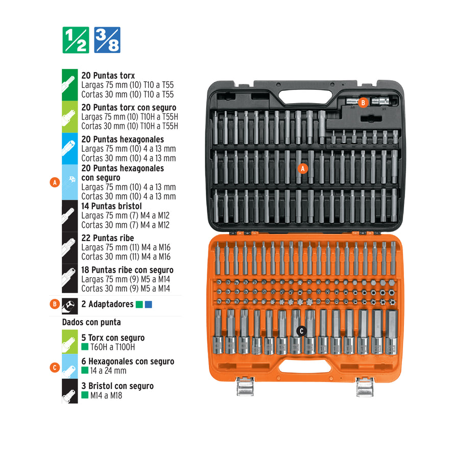Jgo profesional de puntas y dados con punta p/mécanica 150pz, 102520