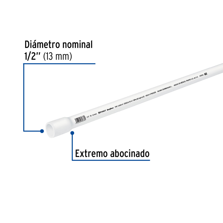 Tubo de 1/2' de PVC hidráulico cédula 40, de 3 m, Foset Caja con 10, 43038