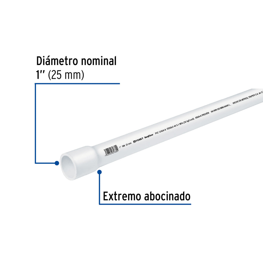 Tubo de 1' de PVC hidráulico cédula 40, de 3 m, Foset Caja con 5, 43040