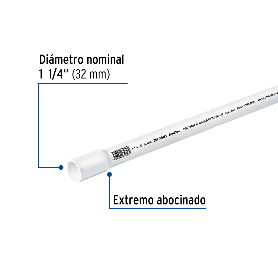 Tubo de 1-1/4' de PVC hidráulico cédula 40, de 3 m, Foset Caja con 5, 45520