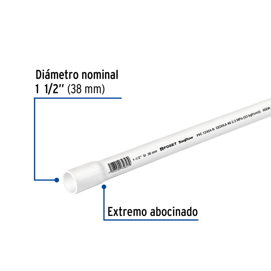 Tubo de 1-1/2' de PVC hidráulico cédula 40, de 3 m, Foset Caja con 5, 45521