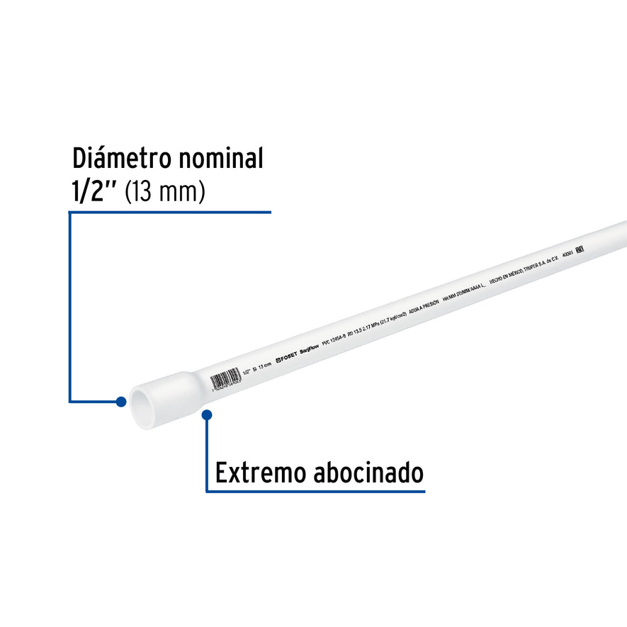 Tubo de 3 m de PVC de 1/2' hidráulico RD 21, Foset Caja con 5, 40081
