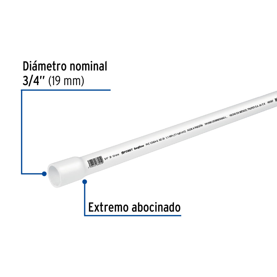 Tubo de 3 m de PVC de 3/4' hidráulico RD 26, Foset Caja con 5, 40082